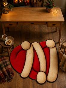 1pc Stacked Santa Hats Shaped Rug, Pompom Tower Novelty Mat, Scarlet Snow Cream Carpet, Plush Holiday Decor Accent Mat, For Entryway Kids Room Hallway Indoor Use, Festive Gift - Red - View 2