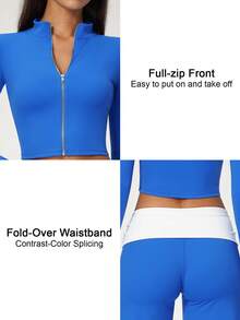 NcmRyu Women's 1 Set Contrast Color Autumn/Winter Zipper Small Stand Collar Thumb Hole Long Sleeve Jacket & Folded Waist Wide Leg Long Pants - Blue - View 4