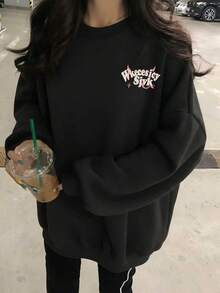 Sweet Cool Style Pink Heart & Devil Horn Text Print Black Crew Neck Sweatshirt, Lazy Long Sleeve Autumn Top For Students - Black - View 5