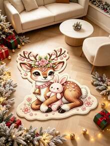 1pc Pink Rose Pearl Floral Deer Shaped Faux Cashmere Rug, Decorative Rug, Bedroom Decor, Small Rug, Rug, Home Decor, Living Room Rug, Living Room Small Rug, Bedroom Rug, Living Room Home Decor, Outdoor Rug, Washable Rug - Multicolor - View 4