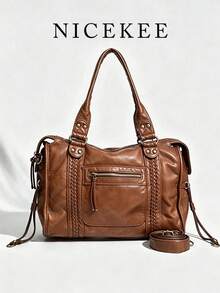 Vintage Faux Leather Shoulder Bag, Fashion Design Large Capacity Shoulder Bag, Niche Classic Multi-Functional Handbag, Suitable For Daily Commute - Brown - View 2