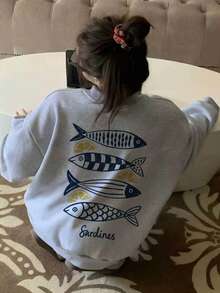 Niche Ocean Style Fish School & Lemon Back Print Sweatshirt, Minimalist Vintage Loose Drop Shoulder Crew Neck Women's Autumn Top - Light Grey - View 7