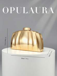 OpulAura 歐美時尚復古貝殼造型休閒紋理金屬色方盒手拿包，不對稱設計，磁吸開合，適合派對、婚禮、舞會、晚宴、女性生日派對及舞蹈聚會 - 金色 - 查看 7