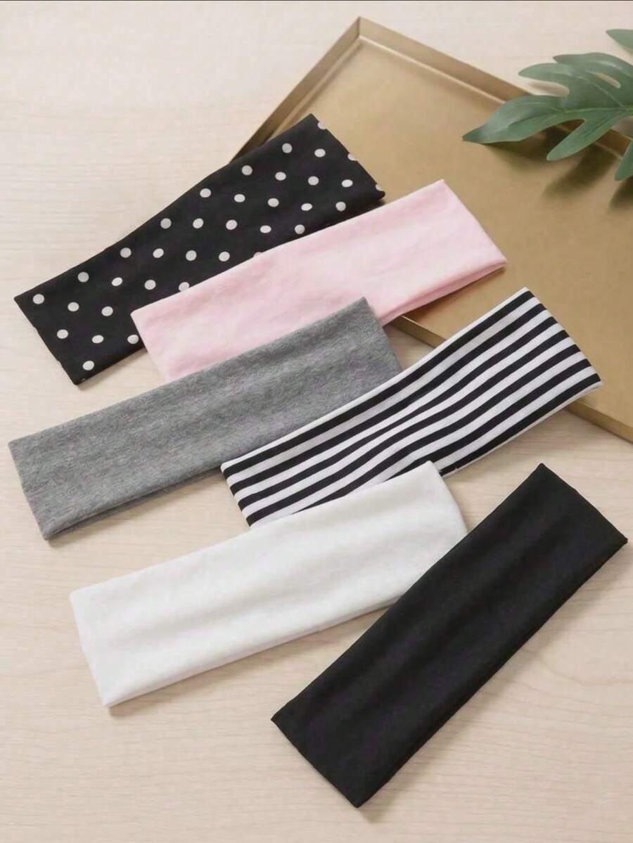 6PCS Women Headbands Soft Stretch Fabric Hairbands, Polka Dot, Striped And Solid Color Hair Accessories For Yoga, Workout, Makeup, And Daily Wear - Multicolor - View 1