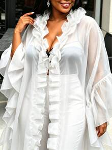 AOMEI Women's Sexy White Sheer Organza Ruffle Long Kimono Robe Flare Sleeve Irregular Hem Mesh Cover Up Open Front African Party Outerwear - White - View 2