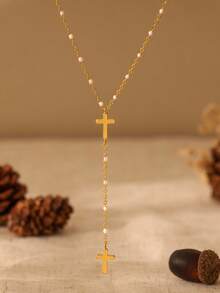 Cross Long Necklace 14k Gold Plated Lariat Long Cross Necklaces For Women Simple Statement Drop Necklace Fashion Body Chain Prom Jewelry - Gold - View 5
