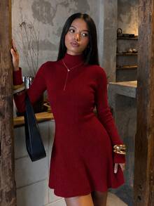 Vuslat Women's Autumn High Neck Fitted Flared Sleeve Elegant Knit Dress, New Year Party Dress, Elegant Party Dress, Birthday Dress, Christmas - Burgundy - View 1