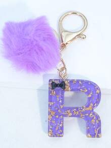 Minimalist Cute Initial Keychain A-Z Women's Bag Charm Black Bow Purple Pom Pom Key Chain Daily Wear Gift Accessory - Purple - View 3