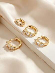 4pcs Inlaid Cubic Zirconia Women's Earrings Set, Exquisite Fashionable, Suitable For Dating, Gathering, Party Layering Wear - Yellow Gold - View 3
