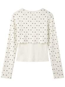 Floral Knit 2 Pieces Set, Black & Grey, Autumn/Winter, Short Knit Cardigan & Tank Top - Apricot - View 5