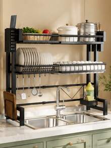 1pc Modern Sink Organizer Rack - Metal Dish Drying Rack With Utensil Holder, No-Drill Double-Tier Storage Shelf, Space-Saving Dish & Kitchen Utensil Drainer Board, Open Storage Design - Multicolor - View 1