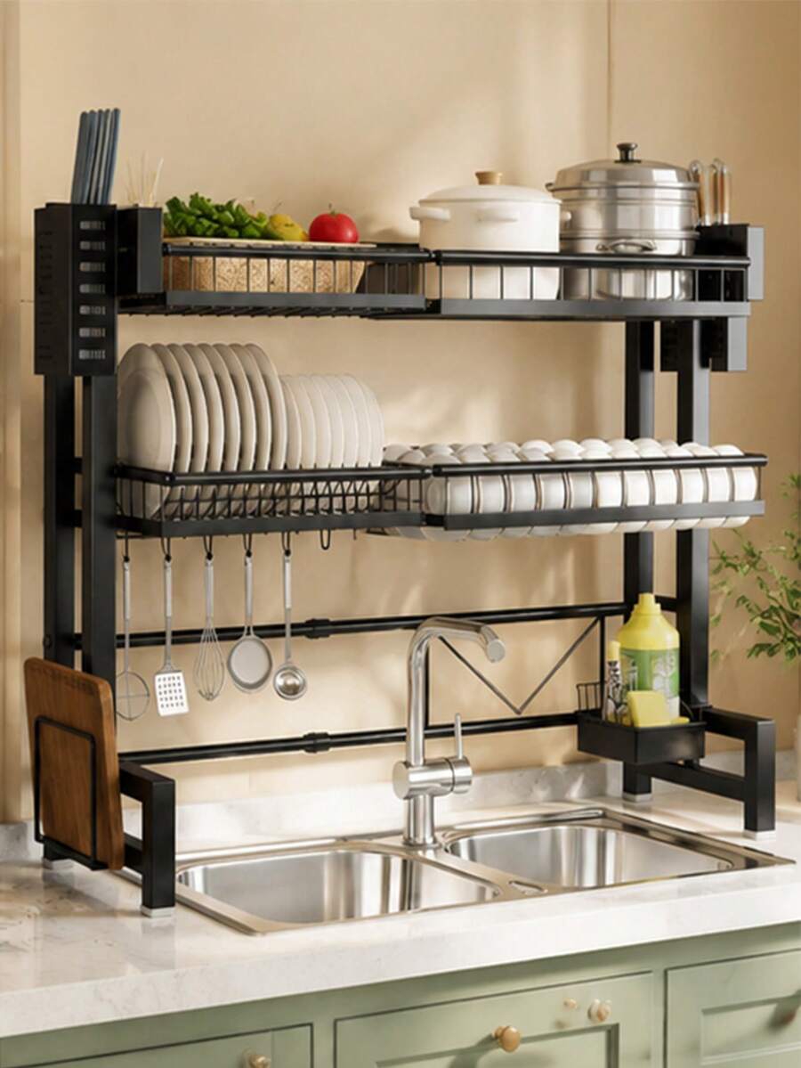 1pc Modern Sink Organizer Rack - Metal Dish Drying Rack With Utensil Holder, No-Drill Double-Tier Storage Shelf, Space-Saving Dish & Kitchen Utensil Drainer Board, Open Storage Design - Multicolor - View 1
