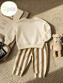 2pcs/Set Baby Toddler Boys Warm Fleece Lined Thick Crew Neck Sweatshirt + Long Pants, Autumn/Winter Outfit, Can Be Worn As Base Layer Or Outerwear, Casual Street Style Daily Wear, Versatile And Easy To Match - Apricot - View 5