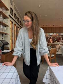 Senya 2026 Women's Light Gray V-Neck Knit Cardigan, Loose Fit Front Button Sweater, Soft Comfortable Long Sleeve With Pockets Casual Autumn/Winter Top - Grey - View 6