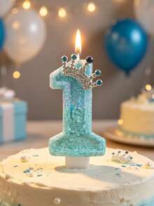 1pc Ice Blue Glitter Number Birthday Candle 0-9, Luxury Crown Style, Suitable For Girls' First Birthday Party, Princess Theme Cake Decoration, Kids Dessert Decoration - Ice Blue - View 3