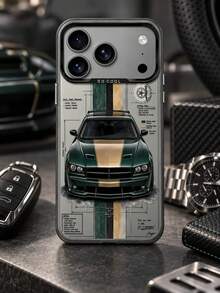 1pc Sports Car Pattern Phone Case, Classic Beige Convertible Sports Car With Green And White Vertical Striped Background, Compatible With IPhone, Galaxy, - Multicolor - View 2