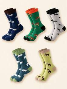1/5 Pairs Cartoon Wild Animal Series Mid-Calf Socks, Contrast Color Ribbed Cuff, Comfortable Casual Long Socks, Suitable For Autumn/Winter Wear, Unique Niche Design, Thanksgiving Christmas Gift, Unisex Versatile Fashion Accessory - Multicolor - View 5