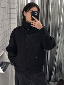 女款時尚黑色粗花呢豌豆大衣，大翻領雙排扣夾克，秋冬休閒優雅穿搭 - 黑色 - 查看 9