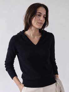 French Style Autumn/Winter New 100% Pure Wool Skin-Friendly Slim Fit Long Knit Cardigan With Hood, Solid Black - Black - View 3