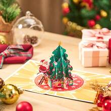 Christmas Tree Santa 3D Pop‑Up Greeting Card,Papercraft Holiday Card With Decorated Xmas Tree, Santa Claus, Reindeer & Gift Boxes, Festive Blessing Card, Table Decor,Thoughtful Keepsake Present For Family, Friends, Coworkers For Christmas Celebration - Christmas Cards - View 2