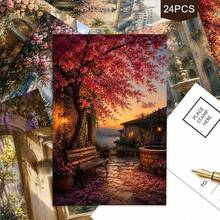 24pcs+A Red Envelope Romantic Holiday Postcards, Exquisite Landscape Patterns With Blessing Text, Suitable For Friends, Seasonal Greetings, Artistic Oil Painting Style - Sets - View 6