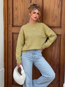 Nicenter Women's Autumn/Winter Solid Color Textured Knit Round Neck Raglan Long Sleeve Loose Pullover Wool Blend Sweater, Casual Daily Wear - Mustard Yellow - View 3