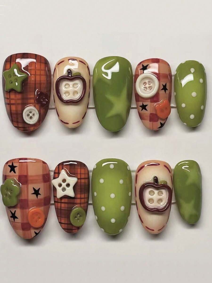 30pcs Short Almond French Press-On Nails, 3D Gel Button, Polka Dot, Line, Star Pattern Design, Set Includes: 1pc Jelly Glue And 1pc Nail File. Suitable For Autumn/Winter Nails. - Multicolor - View 1