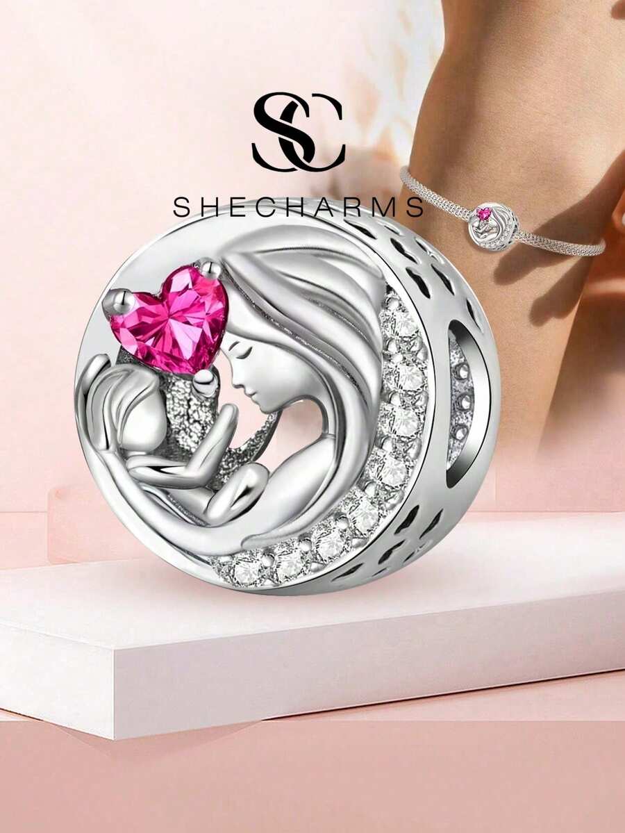1件時尚圓形母子吊墜珠,適合女性佩戴,可用於DIY手鍊與手鐲等珠寶,送給女友的精緻禮物 - 銀色 - 查看 1