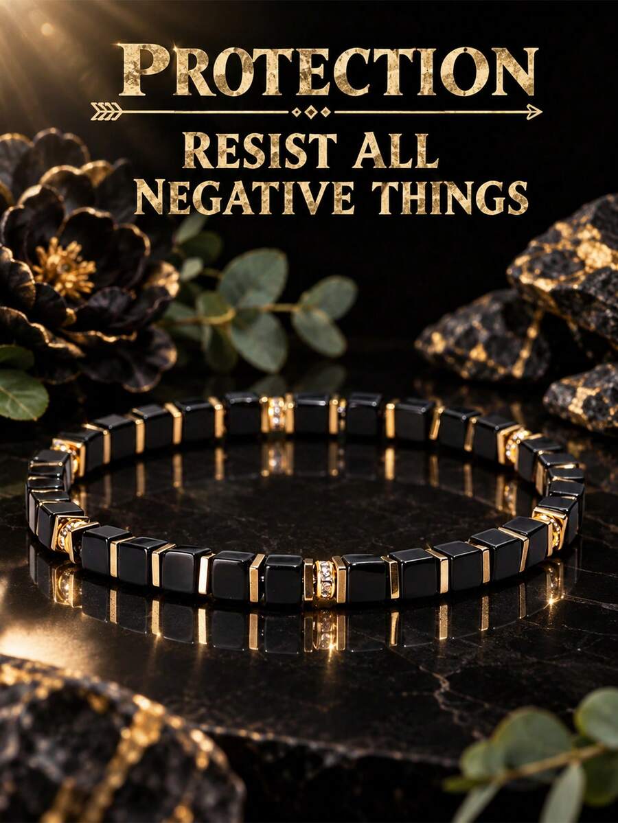 Skyddande armband i vintage stil med svarta fyrkantiga agatpärlor, avvisar all negativ energi, lämpligt för dagligt bruk, spirituellt smycke, handgjord accessoar i natursten, allergivänlig - Multifärgad - Visa 1