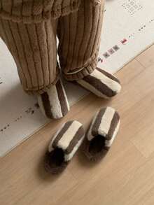 XIXITIAO Striped Thermal Slippers For Men And Women, Winter Anti-Slip Warm Home Soft Sole Couple Niche Colorblock Fuzzy Shoes - Dark Brown - View 7