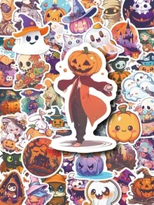 Bộ 50 miếng nhãn dán phong cách anime Halloween, hình ma bí ngô phù thủy dễ thương, phù hợp để trang trí sổ tay, scrapbook, bình nước, phụ kiện tiệc Halloween rùng rợn - Nhiều màu - Xem 1