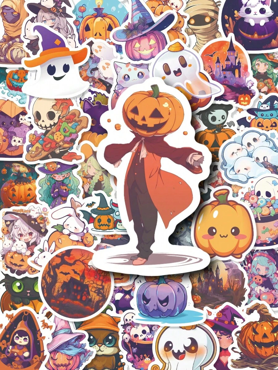 Bộ 50 miếng nhãn dán phong cách anime Halloween, hình ma bí ngô phù thủy dễ thương, phù hợp để trang trí sổ tay, scrapbook, bình nước, phụ kiện tiệc Halloween rùng rợn - Nhiều màu - Xem 1