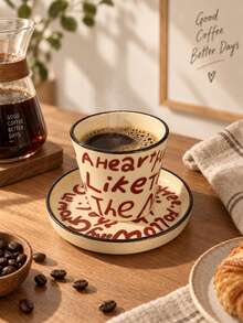 Set Cangkir dan Piring Kecil Kopi Keramik Cetak Huruf Underglaze, Set Mug dan Piring Artistik Warna Krem untuk Espresso Latte Teh Susu, Hadiah Sarapan Teh Sore Rumah Kantor - MultiWarna - View 8