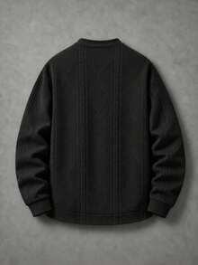 Men's Black Jacquard Pullover Sweatshirt, Round Neck Long Sleeve Top, Green Chest Pocket, Textured Pattern, Casual Streetwear Style - Black - View 3