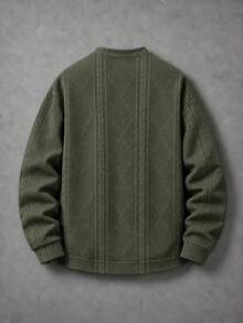 男士軍綠色圓領長袖休閒衛衣，3D菱形麻花編織紋理，黑色對比字母口袋，羅紋袖口與下擺，極簡百搭套頭上衣，適合春季/秋季日常穿著、休閒通勤與週末聚會 - 綠色 - 查看 5