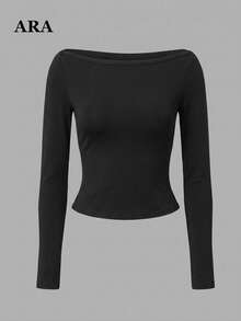 ARA CHIC 女款黑色船領長袖上衣，修身短版羅紋針織 T-shirt，簡約優雅彈性百搭內搭襯衫，秋冬日常穿搭顯瘦時尚上衣 - 黑色 - 查看 9
