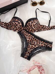 1 Set Women's Leopard Print Lace Patchwork Underwire Molded Cup Comfortable Lingerie Set - Black - View 4