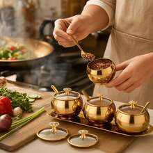 1 Set 2/3 Stainless Steel Seasoning Canister Set, Spice Containers With Lid And Spoon, Gold Tone Condiment Bottles With Serving Tray, Suitable For Pepper, Salt, Spices, Candy, Coffee Beans Kitchen Jar Combination - Multicolor - View 7