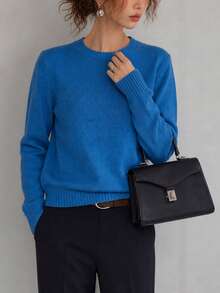 Women's New Autumn/Winter Solid Color Knit Pullover Long Sleeve Regular Fit Sweater, Warm And Comfortable, Light Blue, Suitable For Daily Wear - Blue - View 5