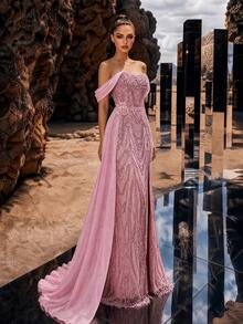 Elegant Women's Pink Mermaid Formal Dress, Made Of Beaded Mesh Fabric, Off-Shoulder Short Sleeve, Deep V-Neck, Perfect For Prom And Evening Party. - Pink - View 7