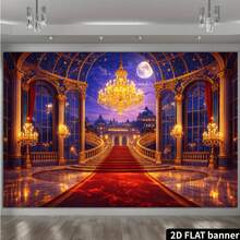 2d Plane Moonlit Castle Main Staircase Theme Background Cloth, European Palace With Golden Chandelier And Main Staircase, Suitable For Indoor And Outdoor Scenes, Suitable For Room Decoration Banner Background. - 1 - View 10
