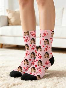 Custom Face Photo Crew Socks, Personalized Image Custom Socks, Heart Stripe Bow & Pet Paw Print, Novelty Gift For Birthday Valentine's Day - Multicolor - View 6