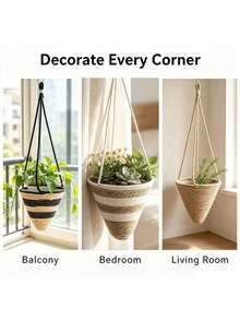 1PC Boho Hand‑Woven Jute Hanging Plant Basket, Cone‑Shape Hanging Flower Pot With Waterproof Inner Liner, Home Balcony Patio Decor - Pointed Bottom - View 3