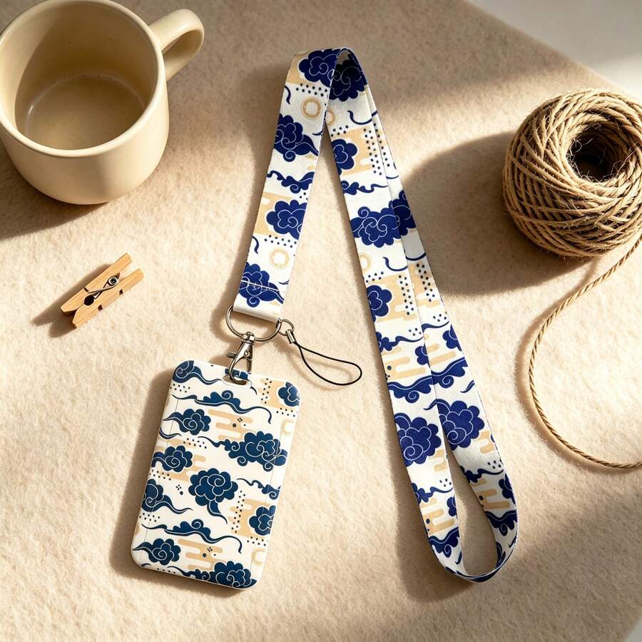 1 Piece Chinese Blue Cloud Lanyard With ID Card Holder, Traditional Oriental Art Badge Holder For Work Student Office Gift - Multicolor - View 1
