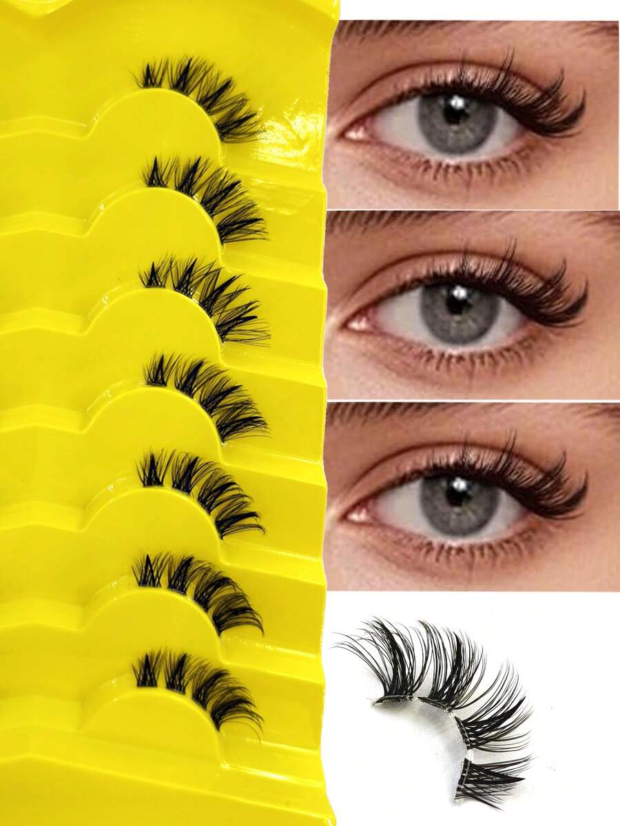 Natural Half Lashes Strips With Spikes For Nude Makeup 7 Pairs Half Lashes - Reuseble Cat Eye Spiky Crossed Curling Eyecorner Lashes Fairy Look Faux Mink Fake Eyelashes Extensions - Black - View 1
