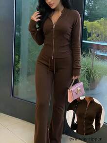 FOR BEAUTY Fall Winter Y2K Elegant Dark Brown Full Zip Up Stand Collar Knit Jacket Drawstring Wide Leg Pants Two Pieces Set Women Outfits - Coffee - View 3