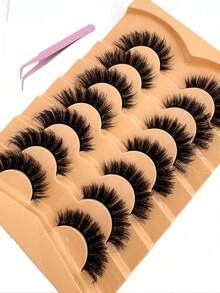 New 7 Pairs D Curl Voluminous Russian Natural Fluffy False Eyelashes, Classic Cat Eye Faux Mink False Eyelashes, Cross Fine 5D Voluminous False Eyelashes, Soft Natural Eyelash Extensions Makeup, Create Natural Makeup Effect, False Eyelashes - Black - View 5