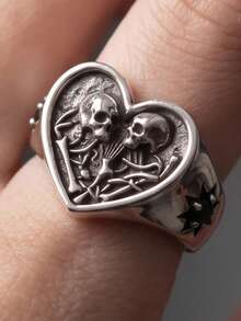 1pc Unisex Vintage Oxidized Silver Heart Shaped Double Skull Bone Signet Ring, G Retro Dark Alternative Jewelry For Daily Wear Halloween Party Biker - Silver - View 7
