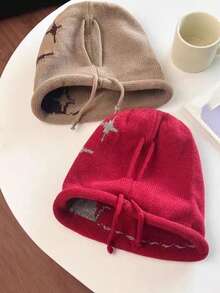 Multi-Color Four-Pointed Star Jacquard Slouchy Beanie Hat, Unisex Autumn/Winter Drawstring Knitted Cap, Korean Style Slouchy Look, Ear-Flap Warm Pullover Cold Weather Hat - Multicolor - View 12