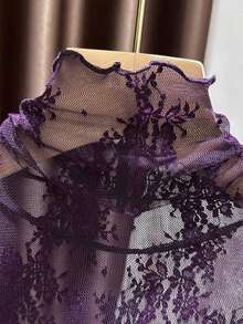 Plus Size European & American Style Sexy Semi-Sheer Lace High Neck Top, Autumn/Winter Women's Fitted Long Sleeve Mesh Base Layer - Purple - View 3